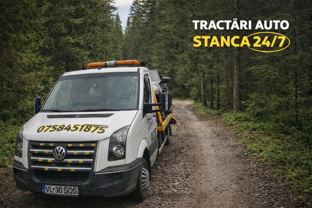Autoplatformă VW Crafter cu SUV pe platformă în Vâlcea — SOS 24